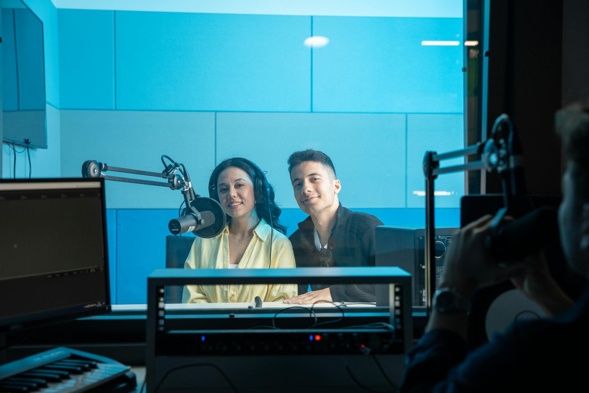Professional radio microphone in broadcast studio setting