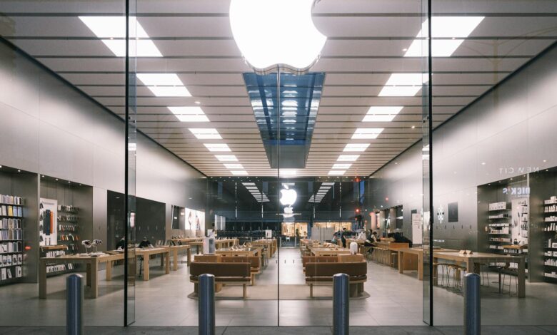 Modern retail store interior with clean white shelving and product displays