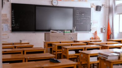 Empty elementary school classroom with desks and educational materials