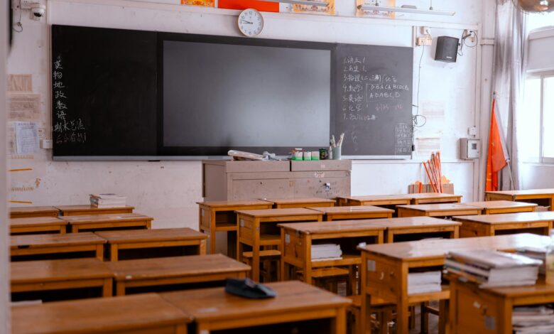Empty elementary school classroom with desks and educational materials