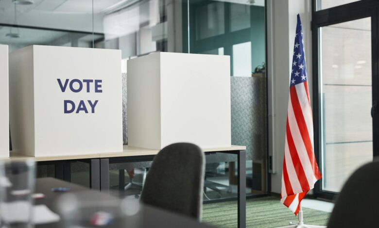 Voter at polling station casting ballot in voting booth