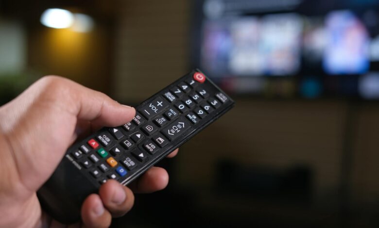 Hand holding TV remote control with multiple streaming service options displayed on screen