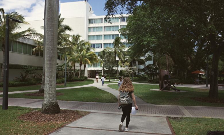 University campus with students walking between academic buildings