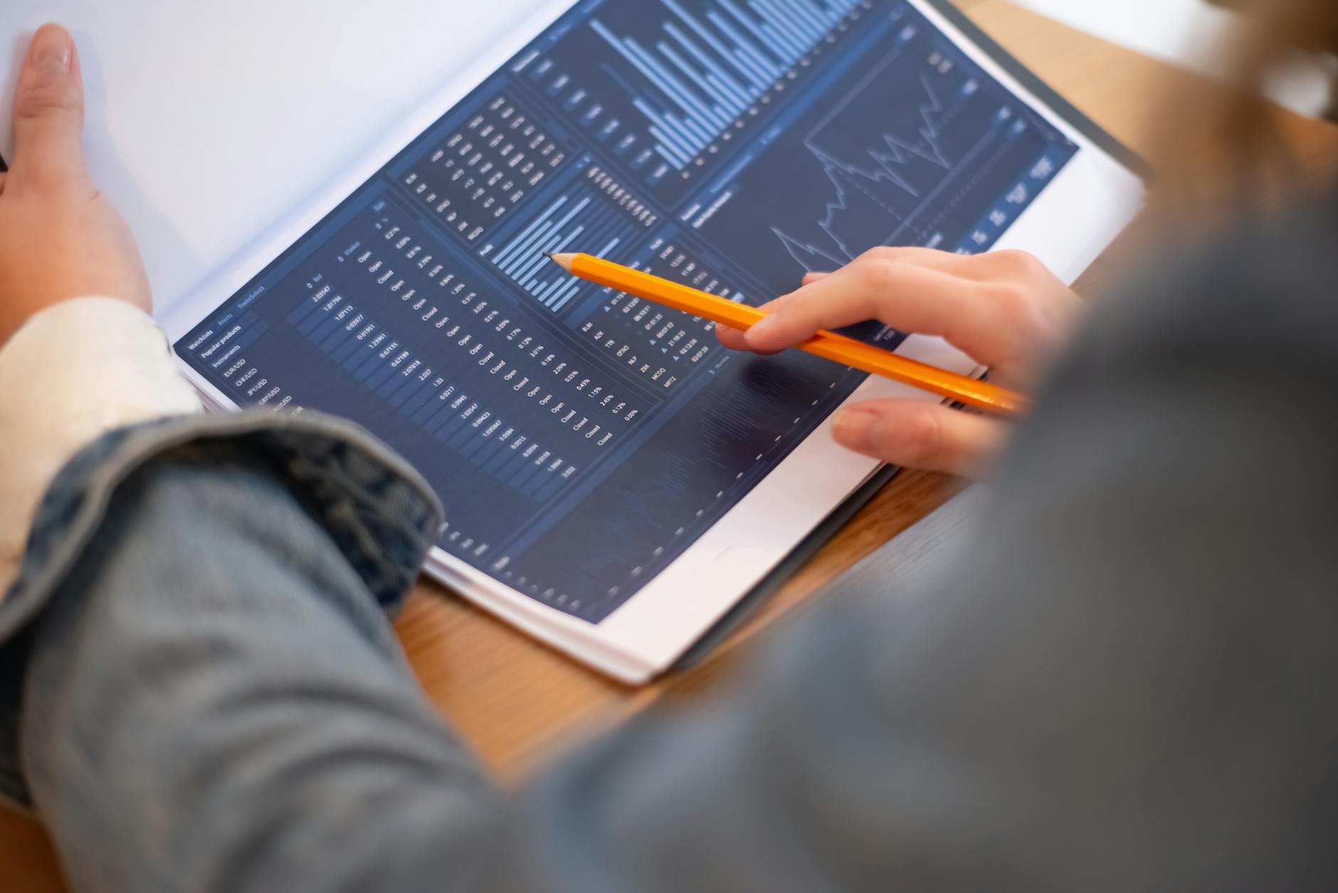 Person analyzing business data on computer screen with charts and graphs