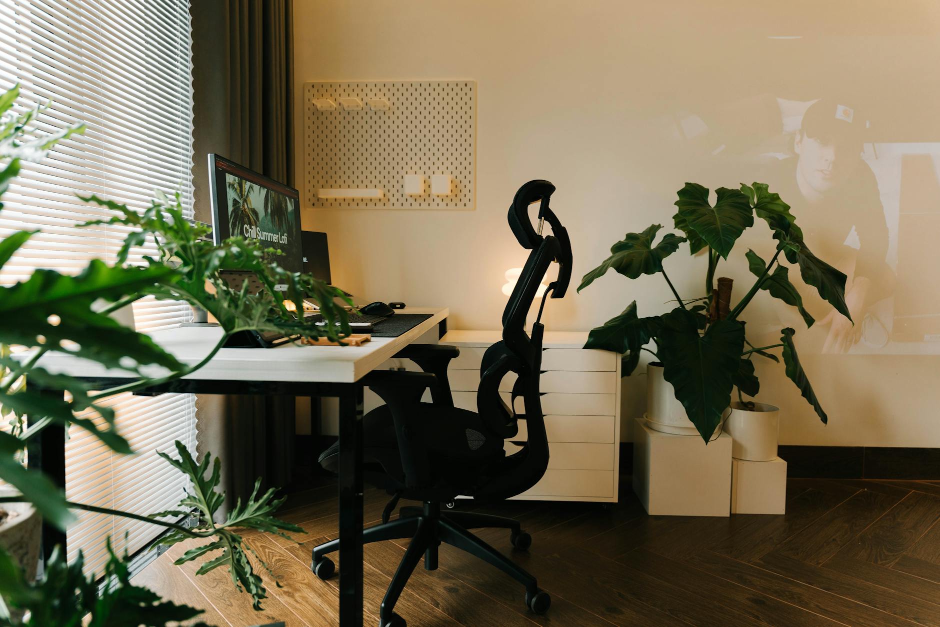 Modern financial office environment with computers and trading screens