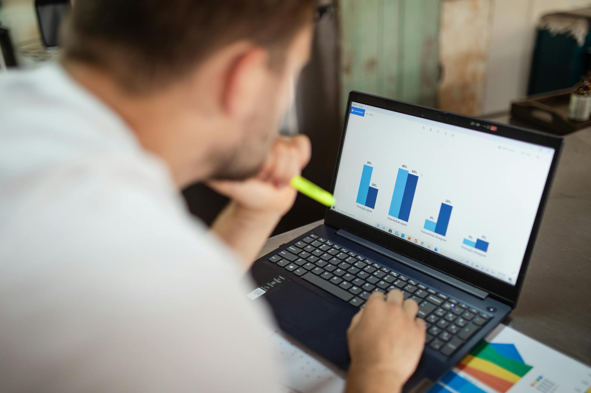Business charts and graphs displayed on laptop screen