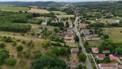 Aerial view of rural farmland with crop rows stretching to the horizon