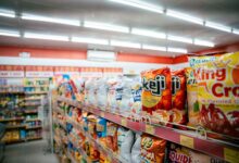 Empty grocery store aisle in an independent supermarket