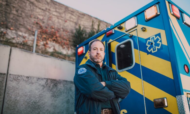 An ambulance parked on a city street representing ground transport emergency services