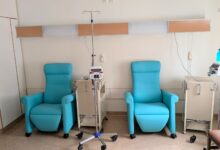 Empty dialysis clinic with treatment chairs and medical equipment
