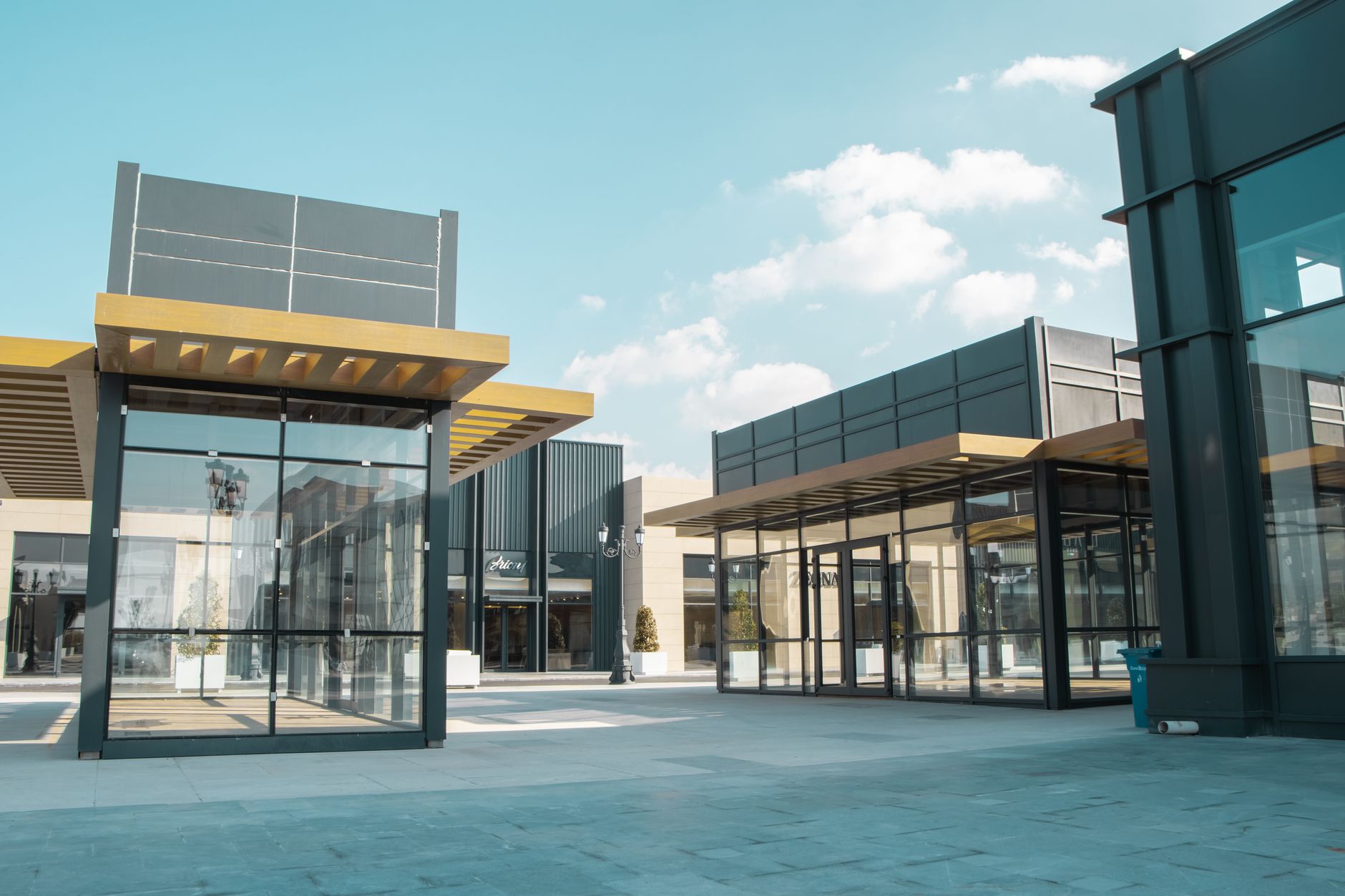 Modern commercial office building exterior under a clear sky