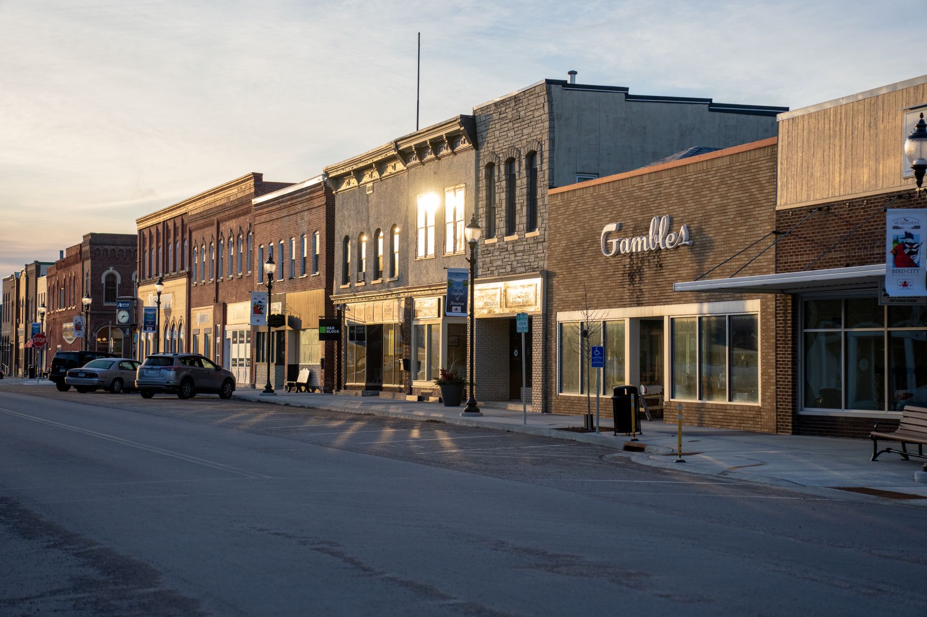 Main street of a small American town with local storefronts