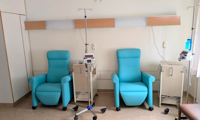 Clean interior of an outpatient medical clinic with reception desk and waiting area