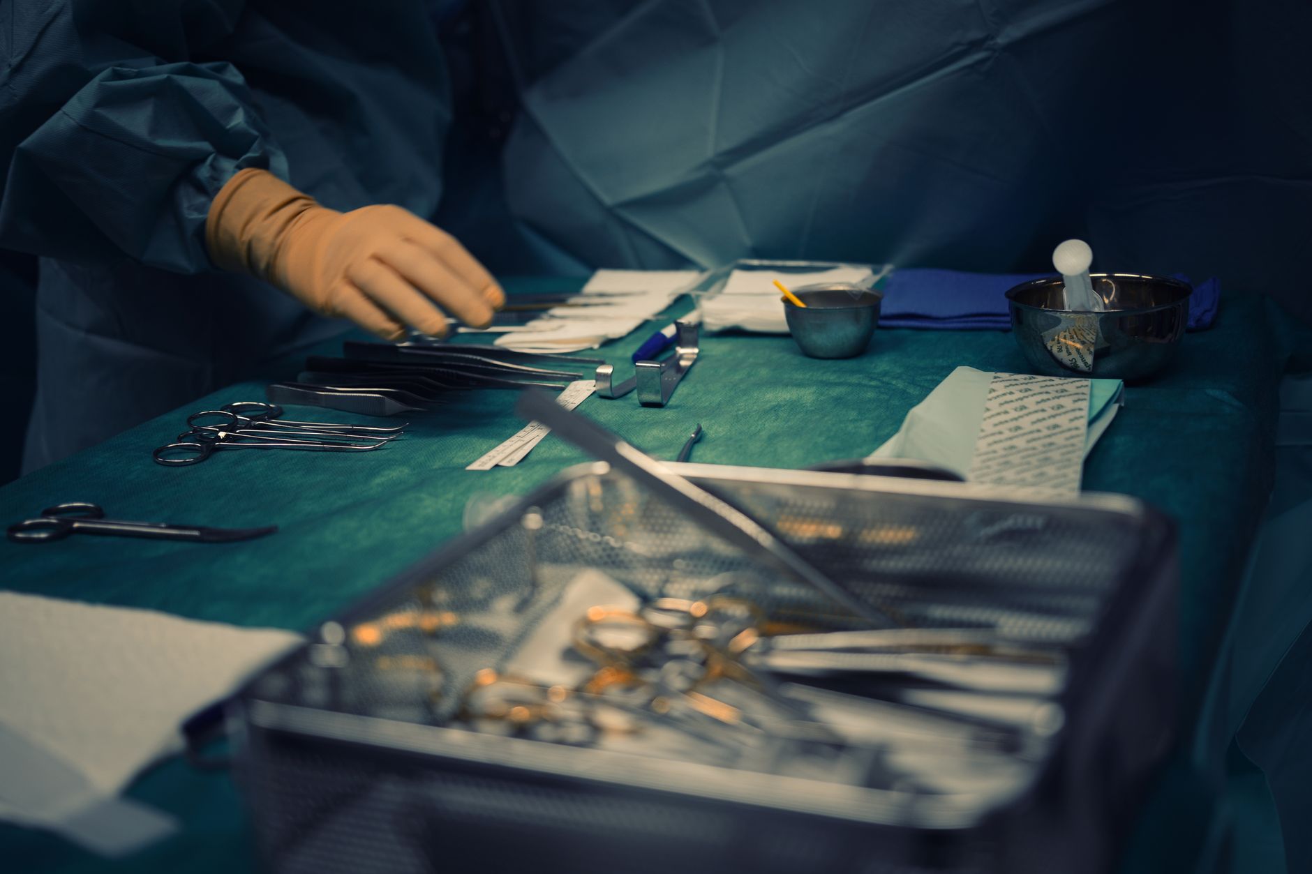 Empty operating room with anesthesia equipment and surgical lighting