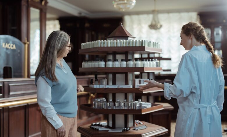 Interior of a compounding pharmacy with shelves of medications and laboratory equipment