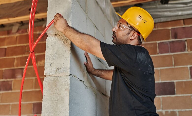 Electrician working on commercial wiring panel at a job site